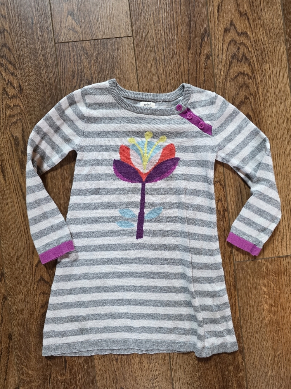 Boden Gray & White Striped Dress with Colorful Floral Design